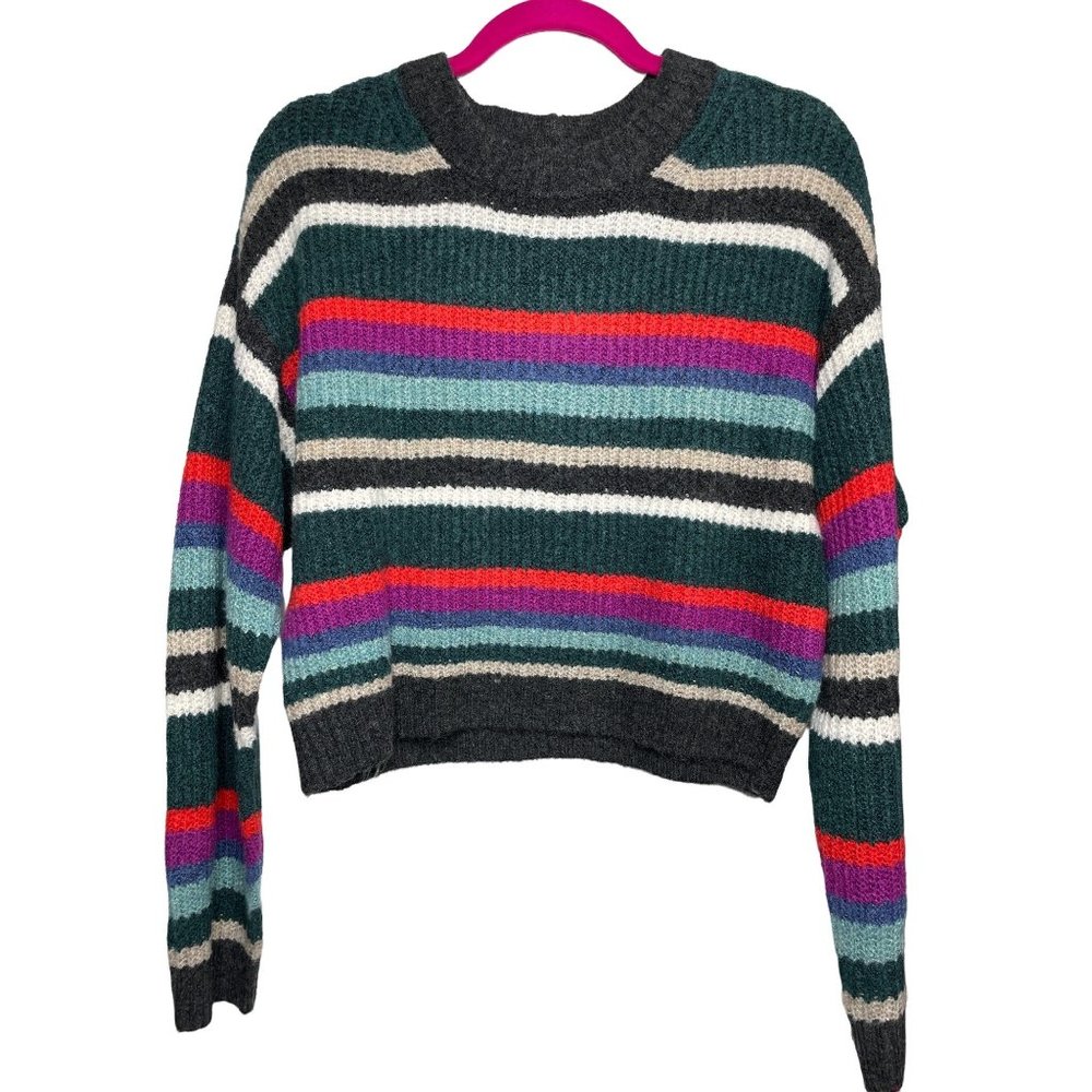 American Eagle Women's Green Striped Crew Neck Long Sleeve Sweater Size XS